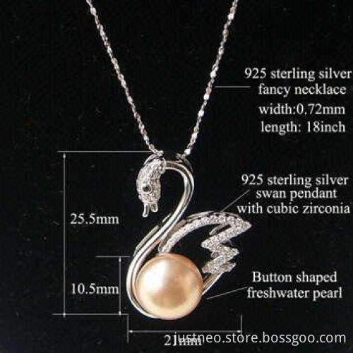 Solid 925 sterling silver chain necklace with pearl and CZ mounted silver swan pendant